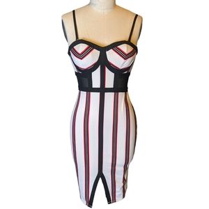 Material Girl Sexy Fitted Padded Bust Striped Dress White, Red, Black. Women's S